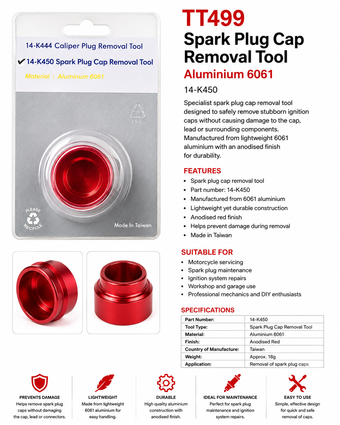 TT499 Spark Plug Cap Removal Tool Aluminium 6061 Motorcycle Ignition Tool