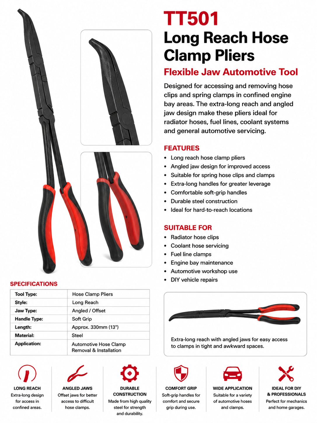 TT501 Long Reach Hose Clamp Pliers Flexible Jaw Automotive Tool