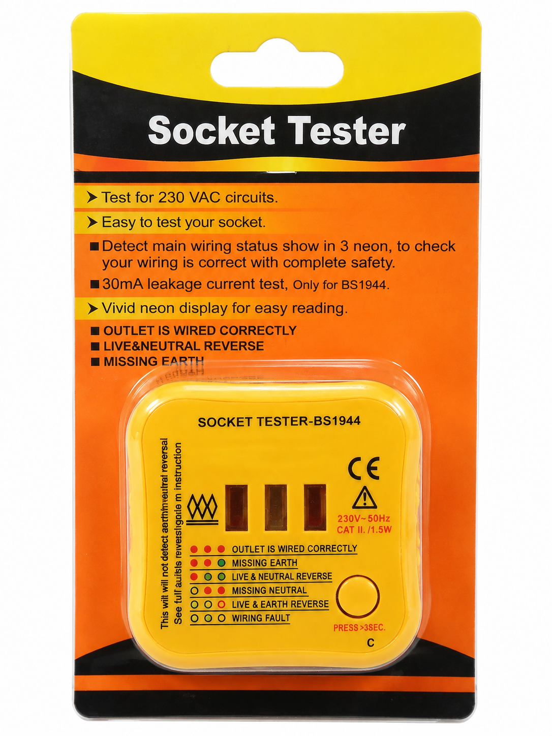 TT886 BS1944 230V Socket Tester Wiring Polarity & 30mA RCD Test