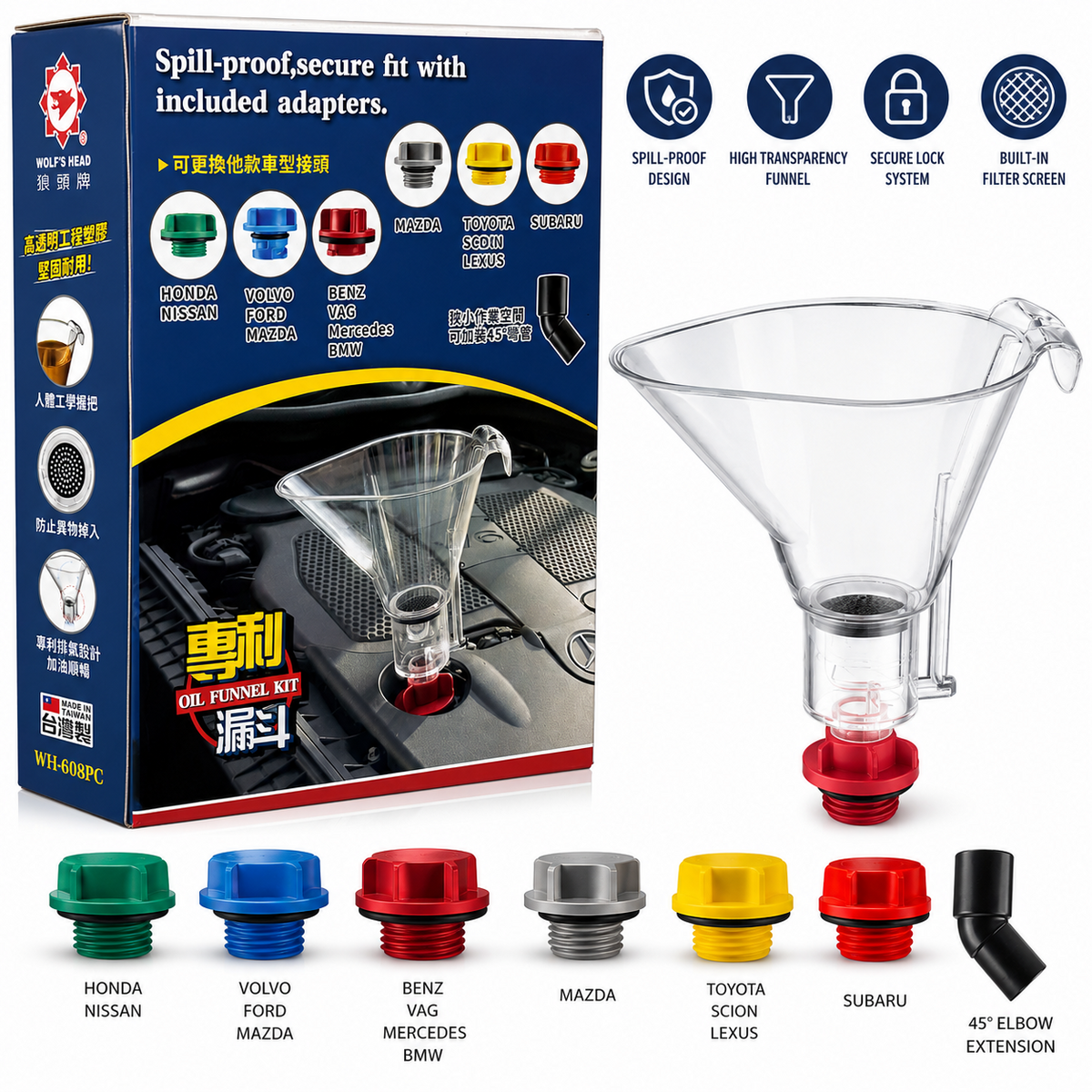 Wolf's Head Oil Funnel Kit Spill Free Engine Oil Filling Funnel TT51