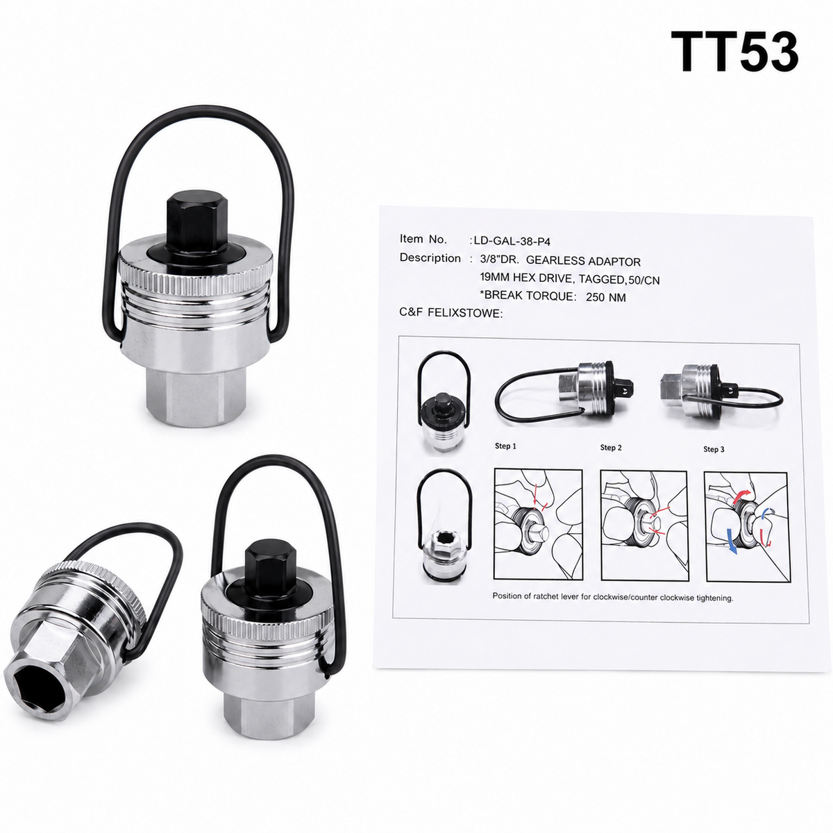 3/8" Drive Gearless Adaptor 19mm Hex Ratchet Adapter 250Nm TT53