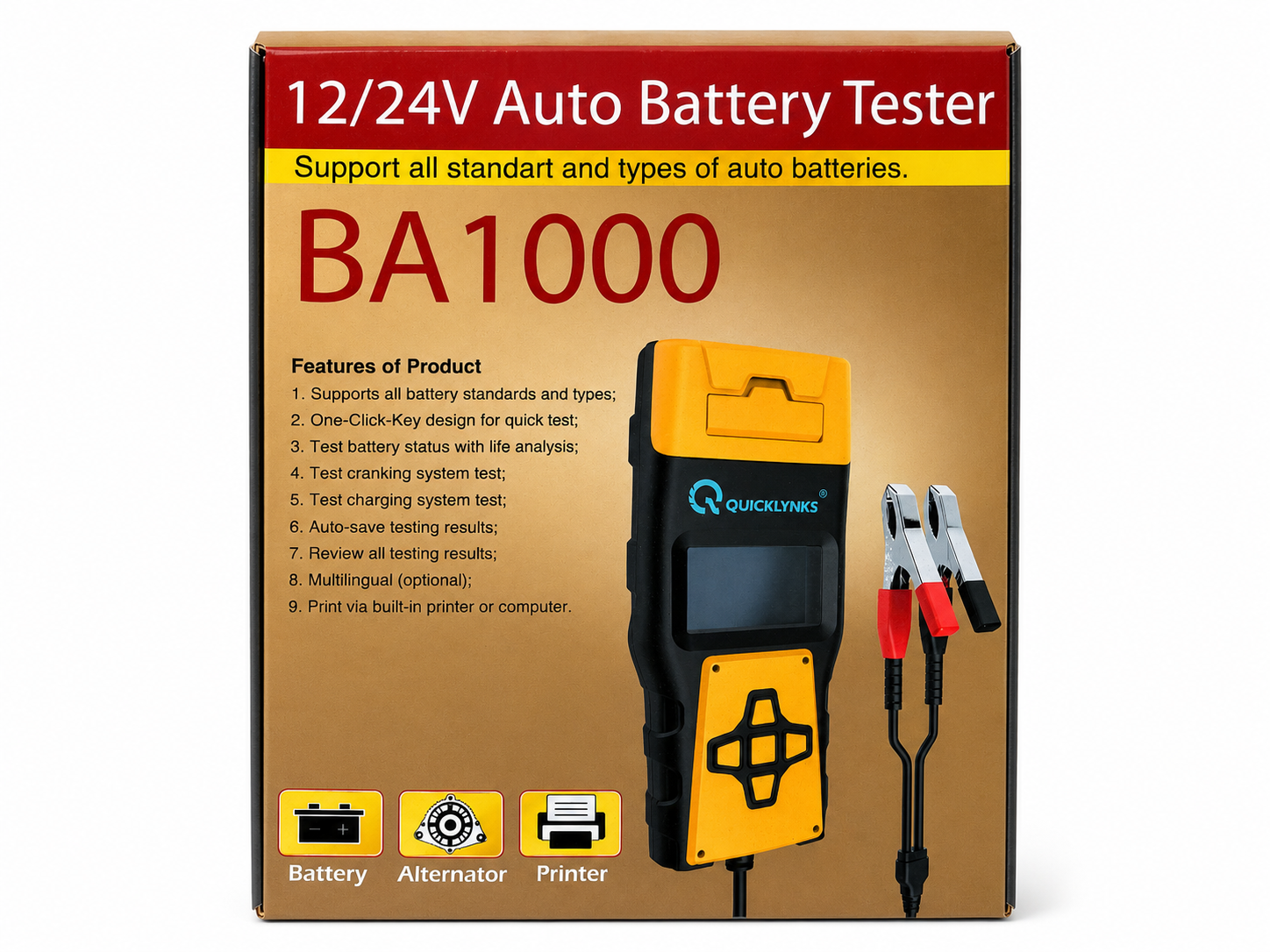 TT735 Quicklynks BA1000 12/24V Battery Tester Charging Cranking System Printer