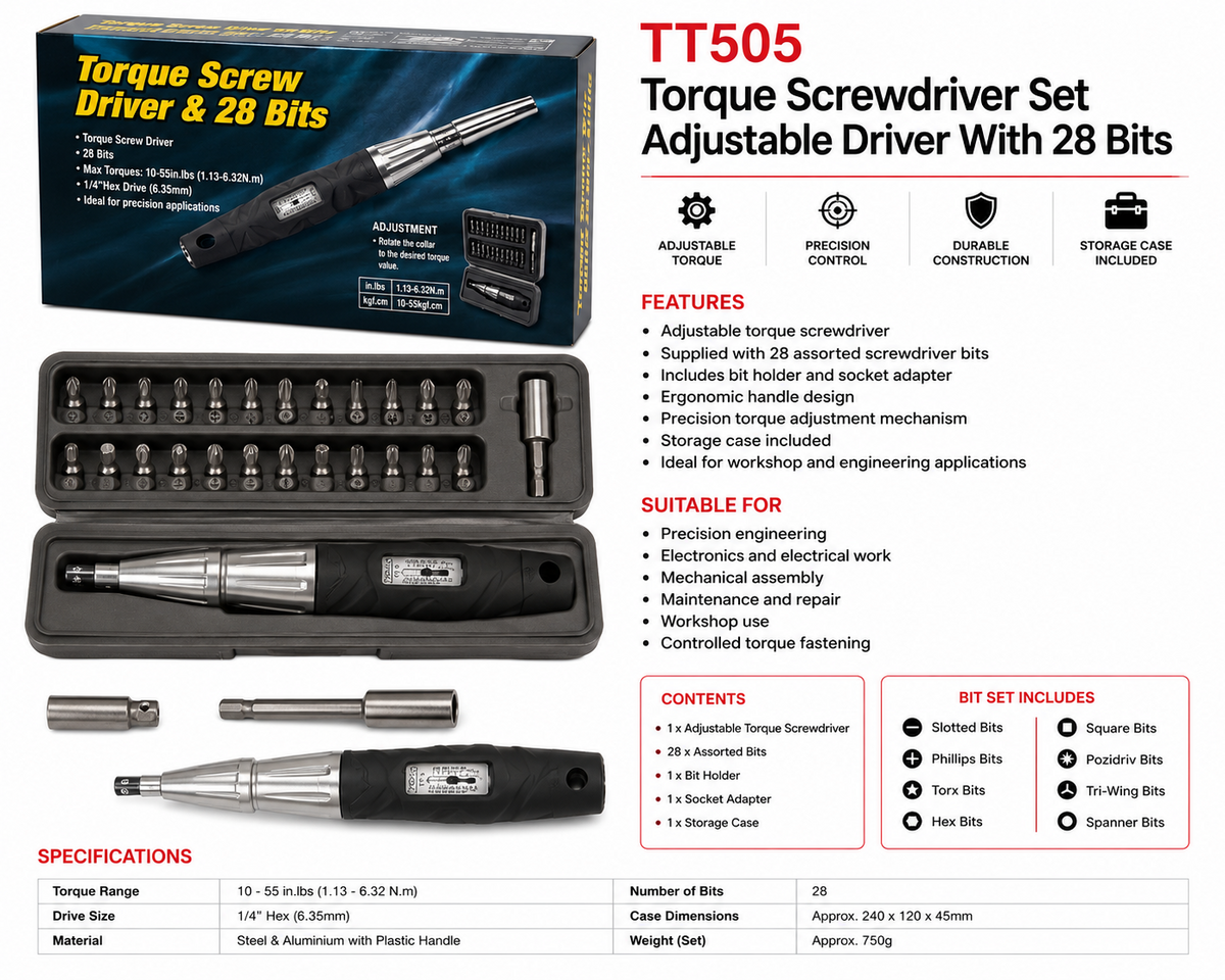 TT505 Torque Screwdriver Set Adjustable Driver With 28 Bits Precision Tool