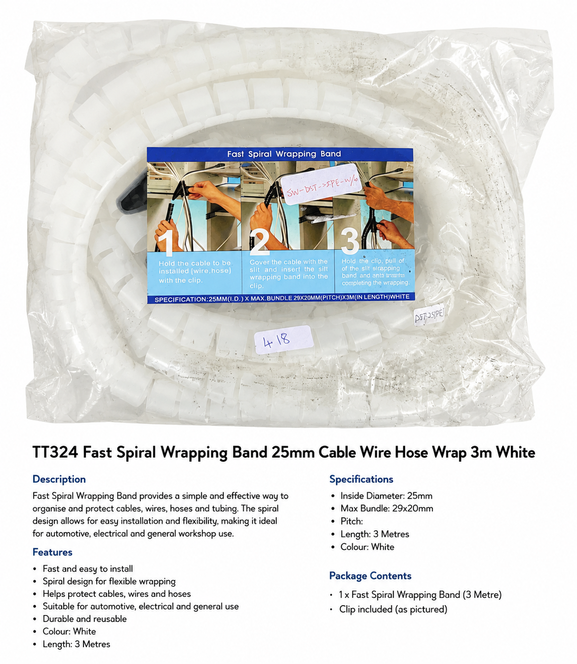 TT324 Fast Spiral Wrapping Band 25mm Cable Wire Hose Wrap 3m White