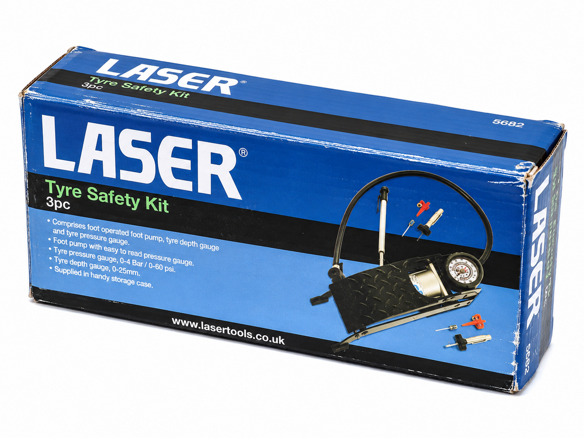 Laser 5682 Tyre Safety Kit 3pc Foot Pump Pressure Gauge & Repair Kit