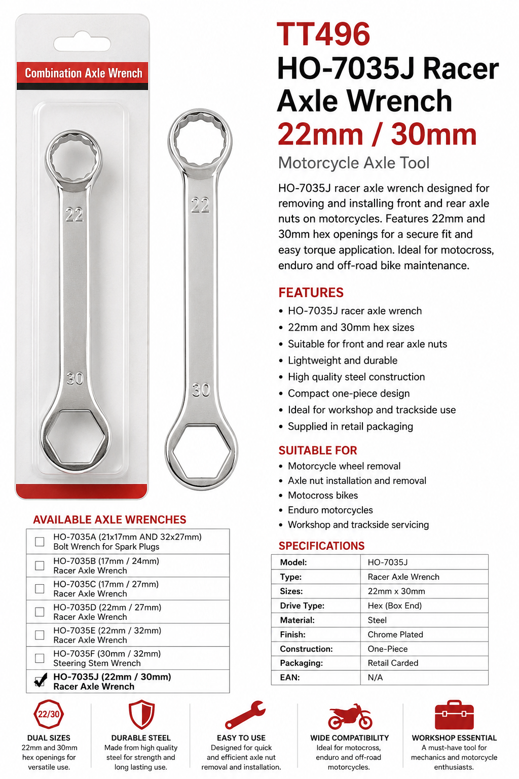 TT496 HO-7035J Racer Axle Wrench 22mm 30mm Motorcycle Axle Tool