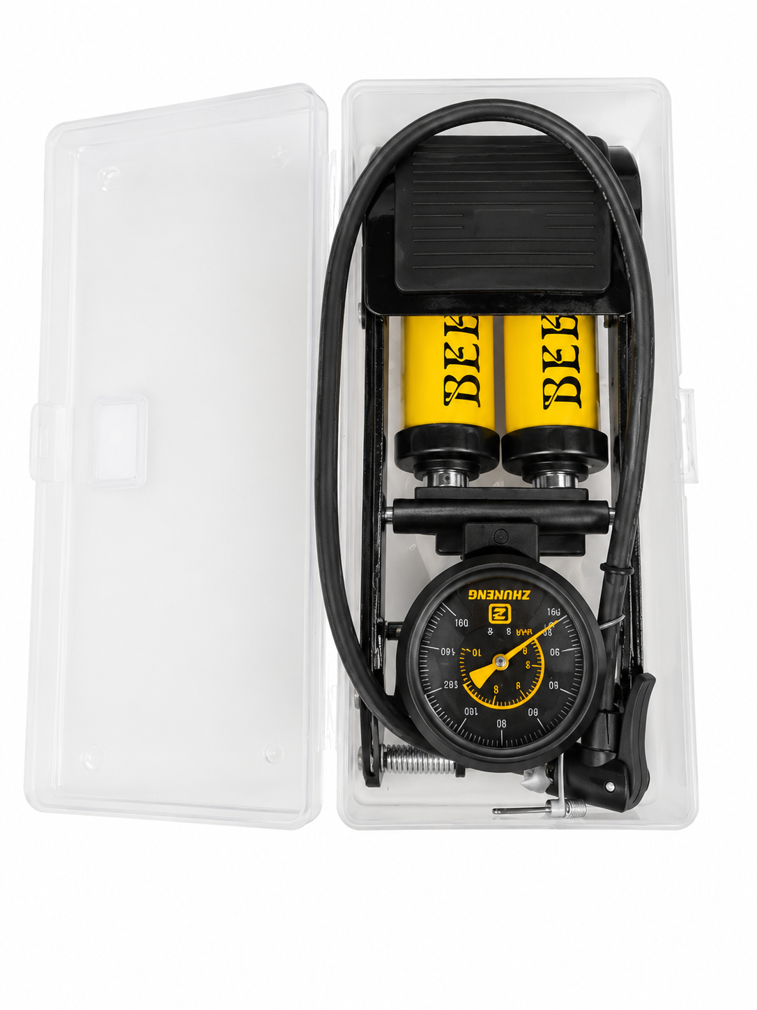 TT569 Zhuneng Twin Cylinder Foot Pump Tyre Inflator with Pressure Gauge Case