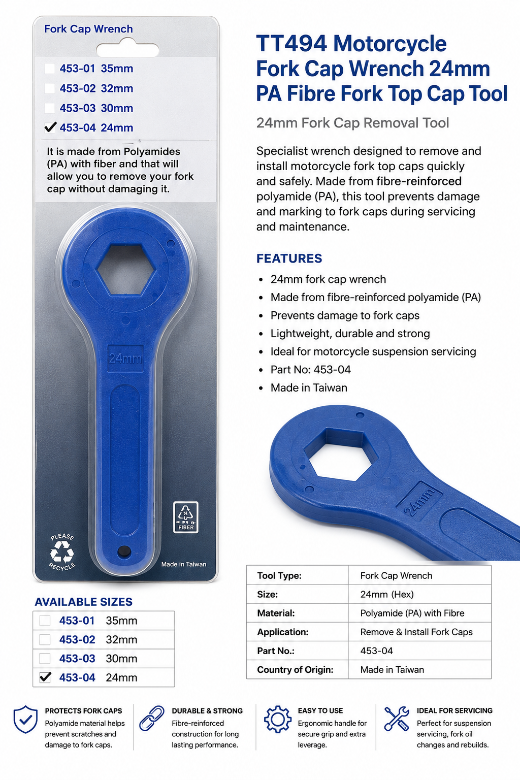 TT494 Motorcycle Fork Cap Wrench 24mm PA Fibre Fork Top Cap Tool