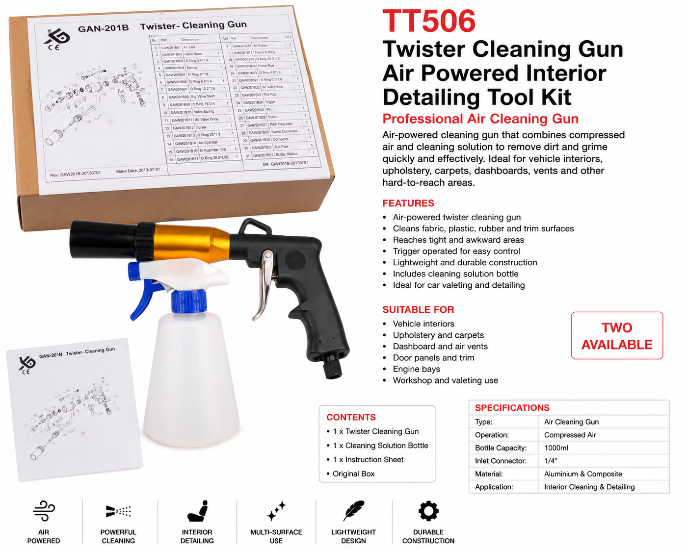 TT506 Twister Cleaning Gun Air Powered Interior Detailing Tool Kit