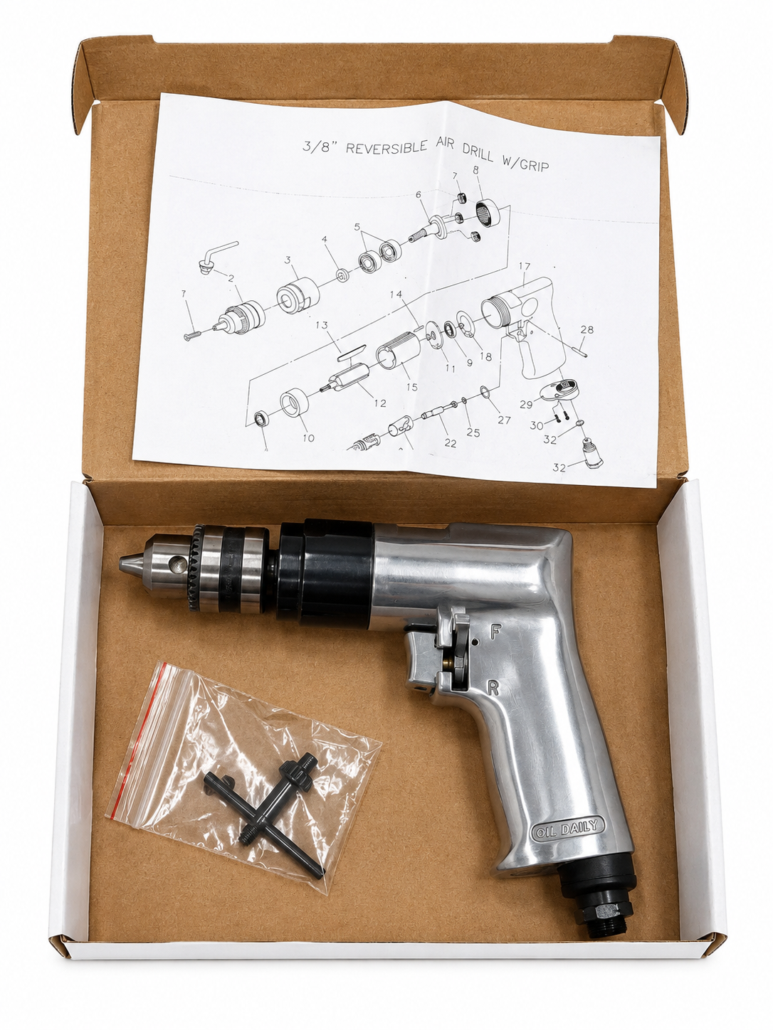 TT798 3/8"D Reversible Pneumatic Air Drill Keyed Chuck Pistol Grip