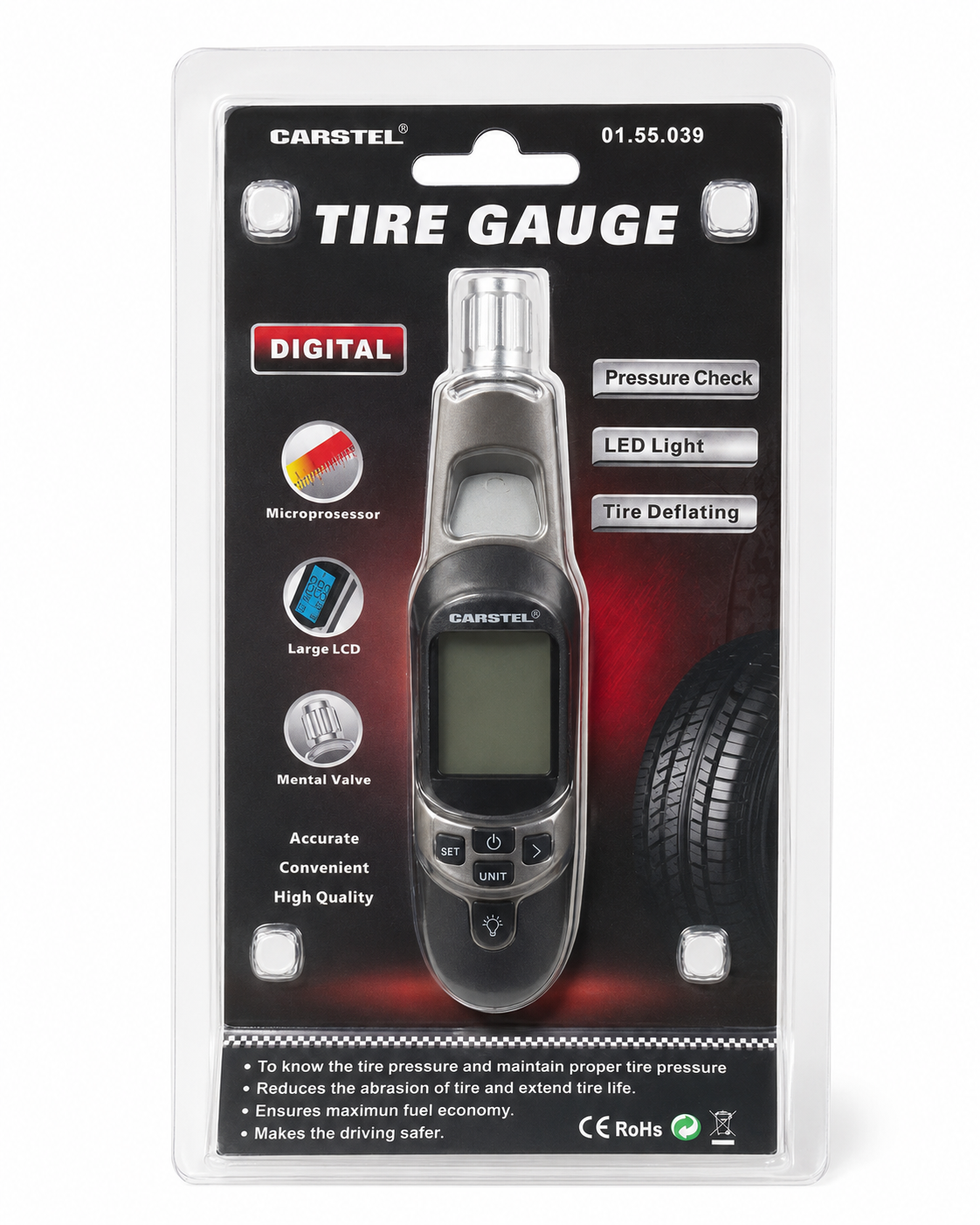 TT774 Carstel 01.55.039 Digital Tyre Pressure Gauge 5-100 PSI LED