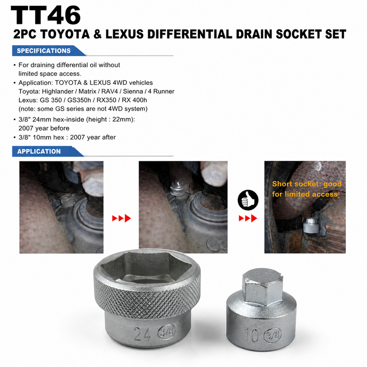 Toyota Lexus Differential Drain Plug Socket Set 2pc 24mm 10mm 3/8" TT46