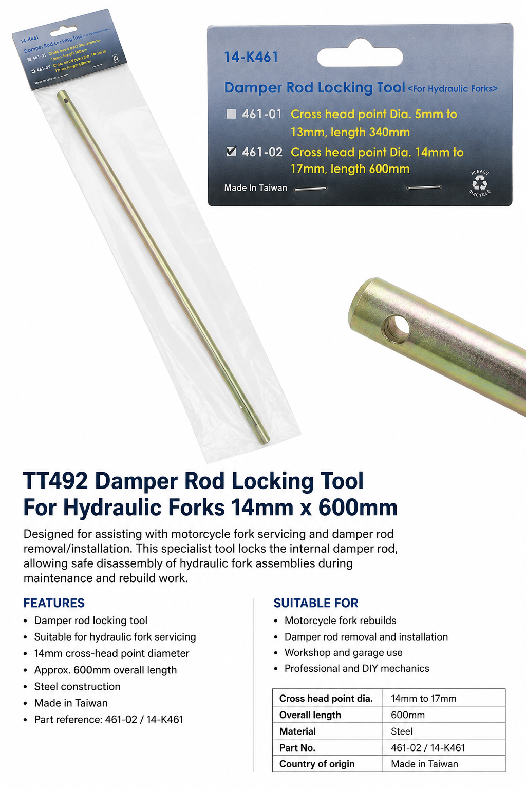 TT492 Damper Rod Locking Tool For Hydraulic Forks 14mm x 600mm