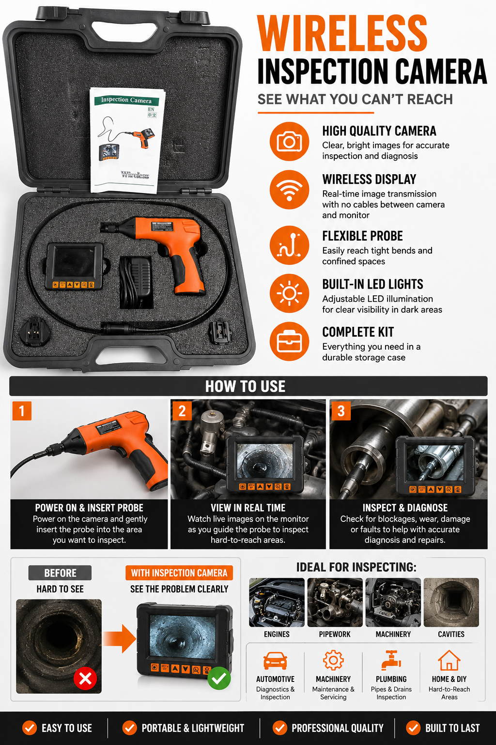 TT313 Wireless Inspection Camera Borescope Endoscope Diagnostic Camera Kit