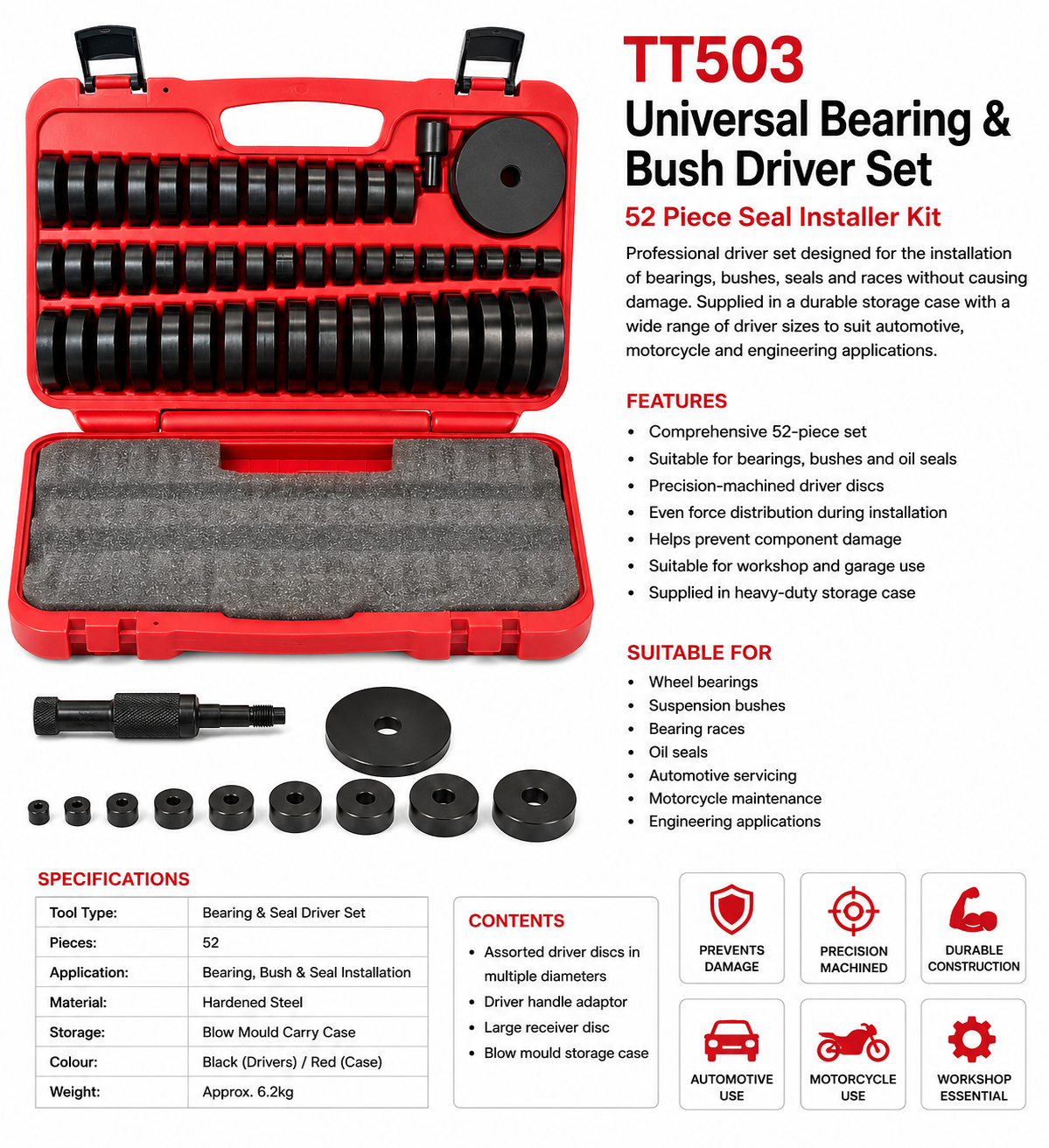 TT503 Universal Bearing & Bush Driver Set Seal Installer Kit 52pc